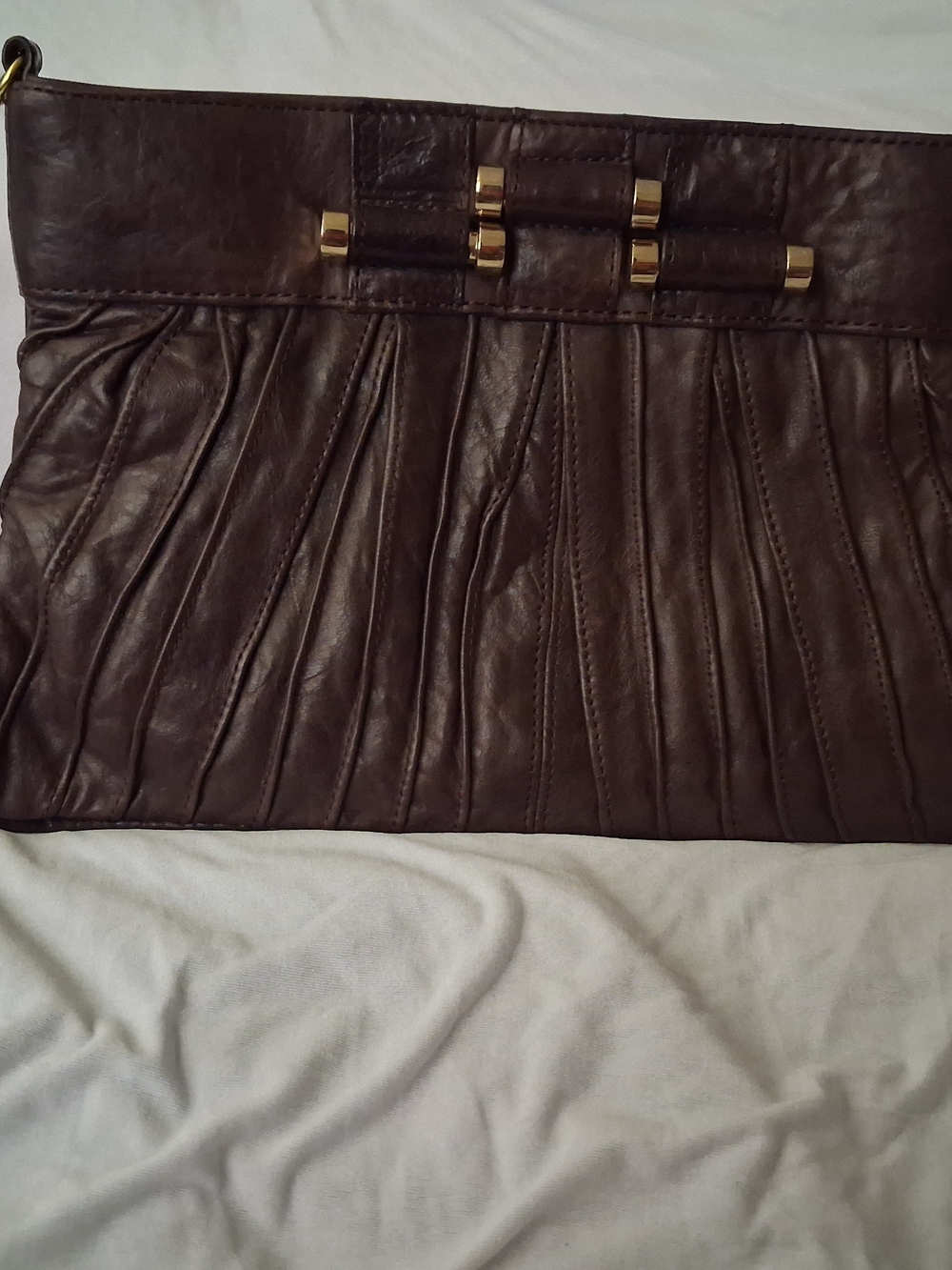 Treesje Brown Leather Pleated Clutch with Gold Accents